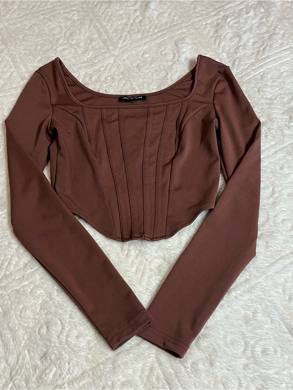 Chocolate Brown Long Sleeve Corset Crop Top - Unknown Brand